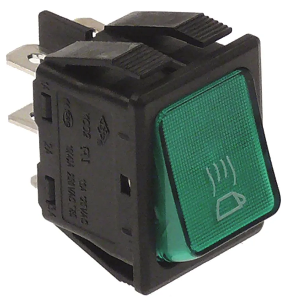Wippenschalter Anschluss Flachstecker 6,3mm beleuchtet grün 2NO 16A