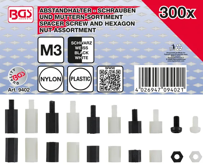 BGS Abstandhalter-Schrauben und Sechskant-Muttern-Sortiment | Nylon | 300-tlg. – 9402