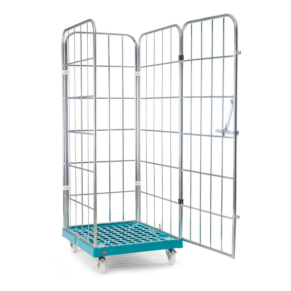 Ameise® Rollbehälter, 4-seitig, grobmaschig, galvanisch verzinkt, Kunststoff-Rollplatte, HxBxT 1.640 x 724 x 815 mm, mit einteiliger, schwenkbarer Vorderwand