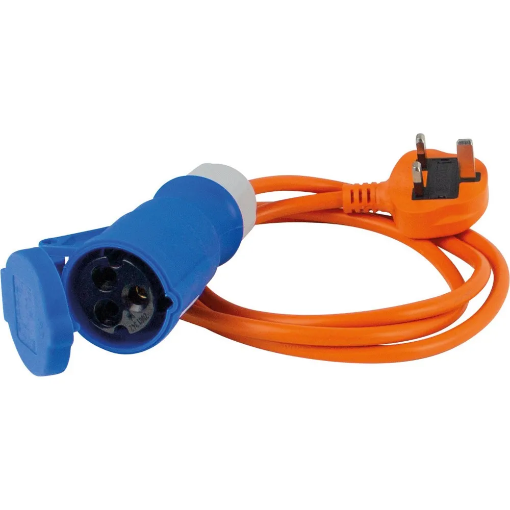 Adapterleitung 1,5m, orange "BS", 1. Seite: Stecker British Standard 13A BS1363, 2. Seite: CEE-Kupplung 230V/16A/3polig mit Klappdeckel, blau
