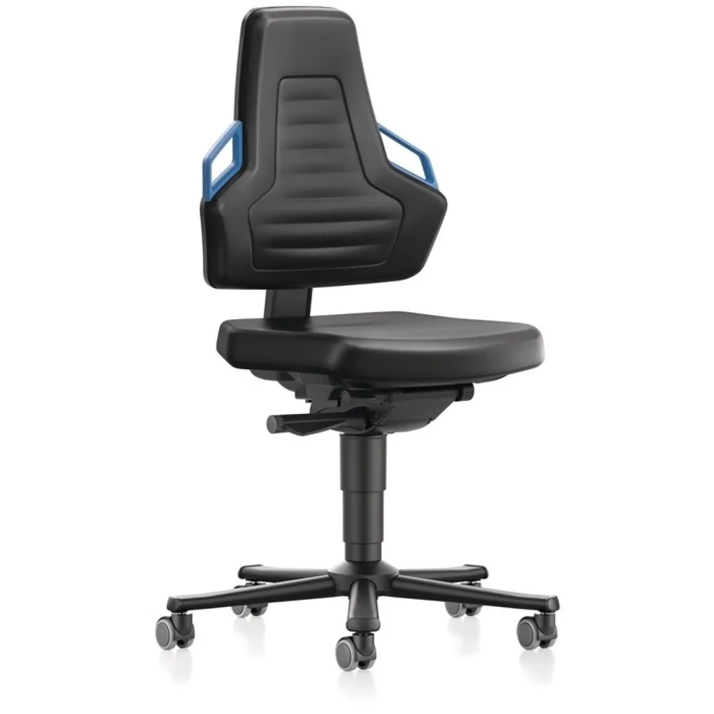 bimos Arbeitsdrehstuhl Nexxit, Kunstlederpolster schwarz, Rollen, Grifffarbe blau 450-600 mm