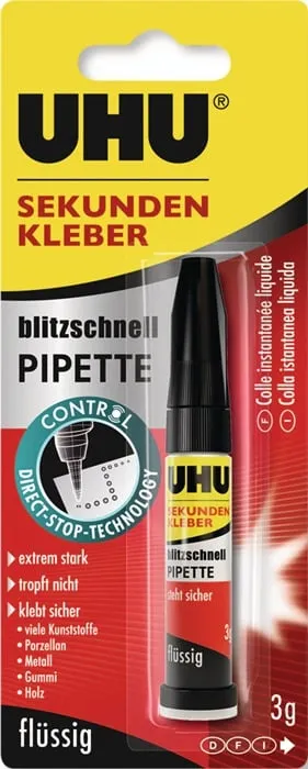 Sekundenkleber blitzschnell PIPETTE Control 3g farblos Tube UHU VE: 10St.