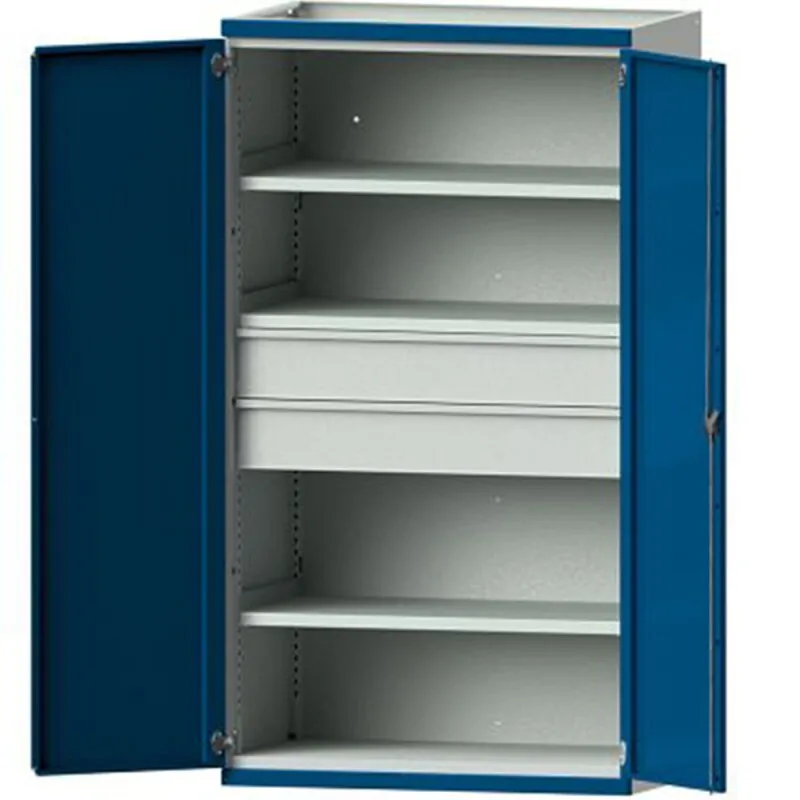 Schwerlastschrank B1085 x T630 x H1950 mm RAL7035/5010 o. Mittelwand 3 Böden, 2 Schubladen 100 kg