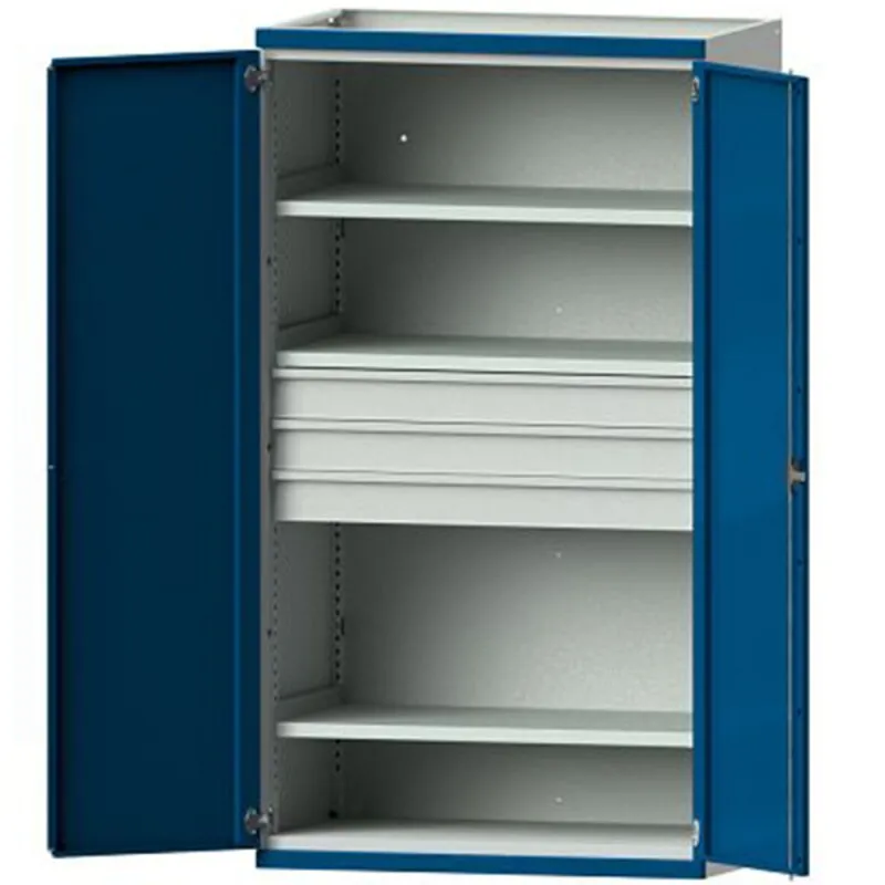 Schwerlastschrank B1085 x T630 x H1950 mm RAL7035/5010 o. Mittelwand 3 Böden, 3 Schubladen 100 kg