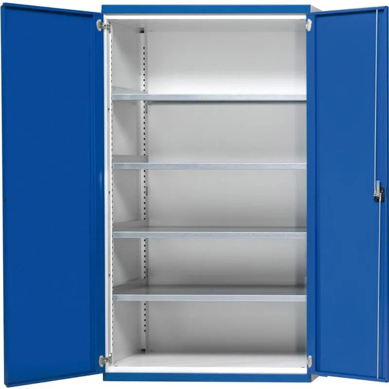 Schwerlastschrank B1085 x T630 x H1950 mm RAL7035/5010 o. Mittelwand 4 Böden