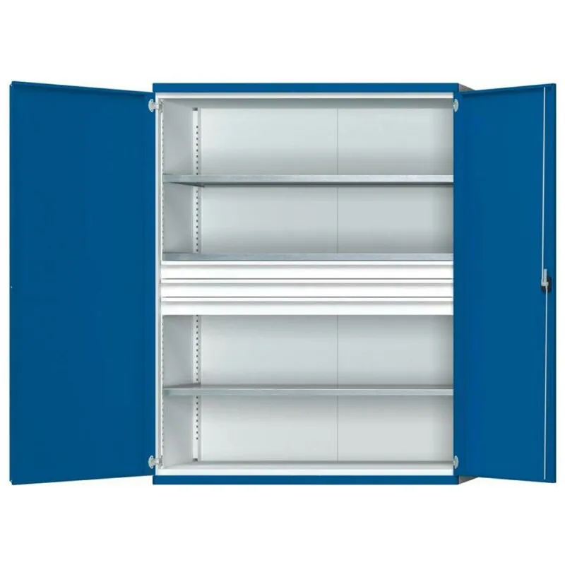 Schwerlastschrank B1485 x T630 x H1950 mm RAL7035/5010 o. Mittelwand 3 Böden, 3 Schubladen 100 kg