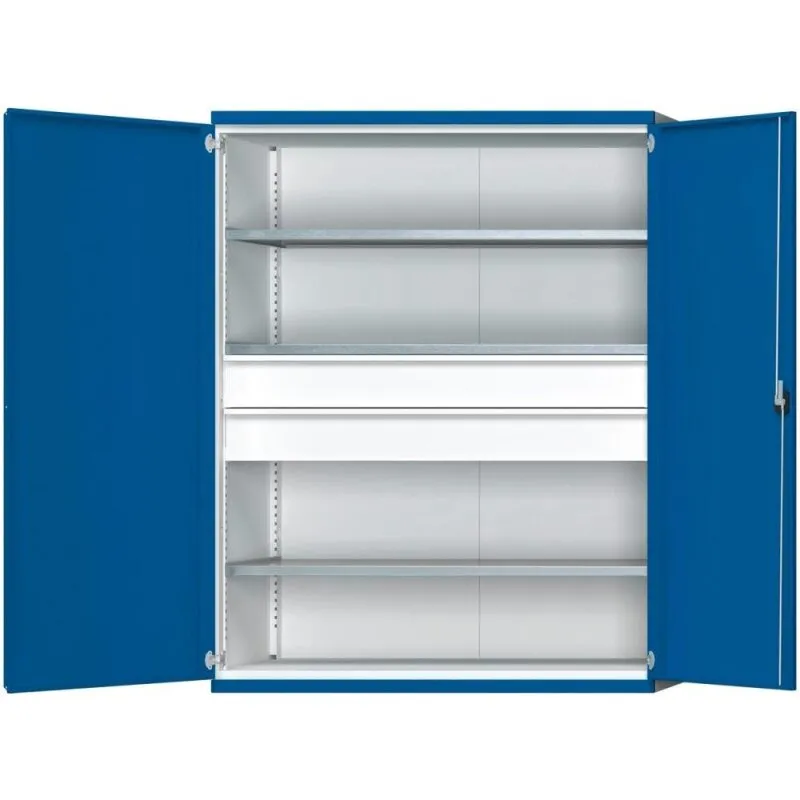 Schwerlastschrank B1485 x T630 x H1950 mm RAL7035/5010 o. Mittelwand 3 Böden,2 Schubladen 100 kg