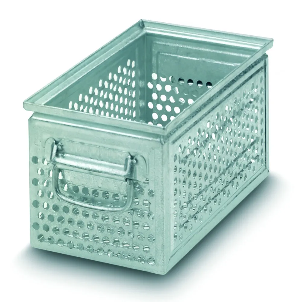 Drehstapelbehälter aus Stahlblech, mit grober Lochung Ø 10 mm, HxBxT 200 x 450 x 300 mm