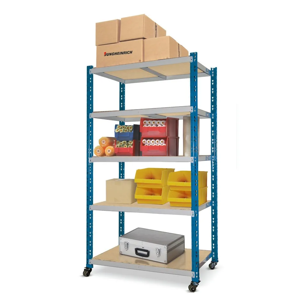 Verfahrbares Fachbodenregal enzianblau mit 3 Spanplattenböden, Fachlast 300 kg, HxBxT 900 x 1.000 x 600 mm